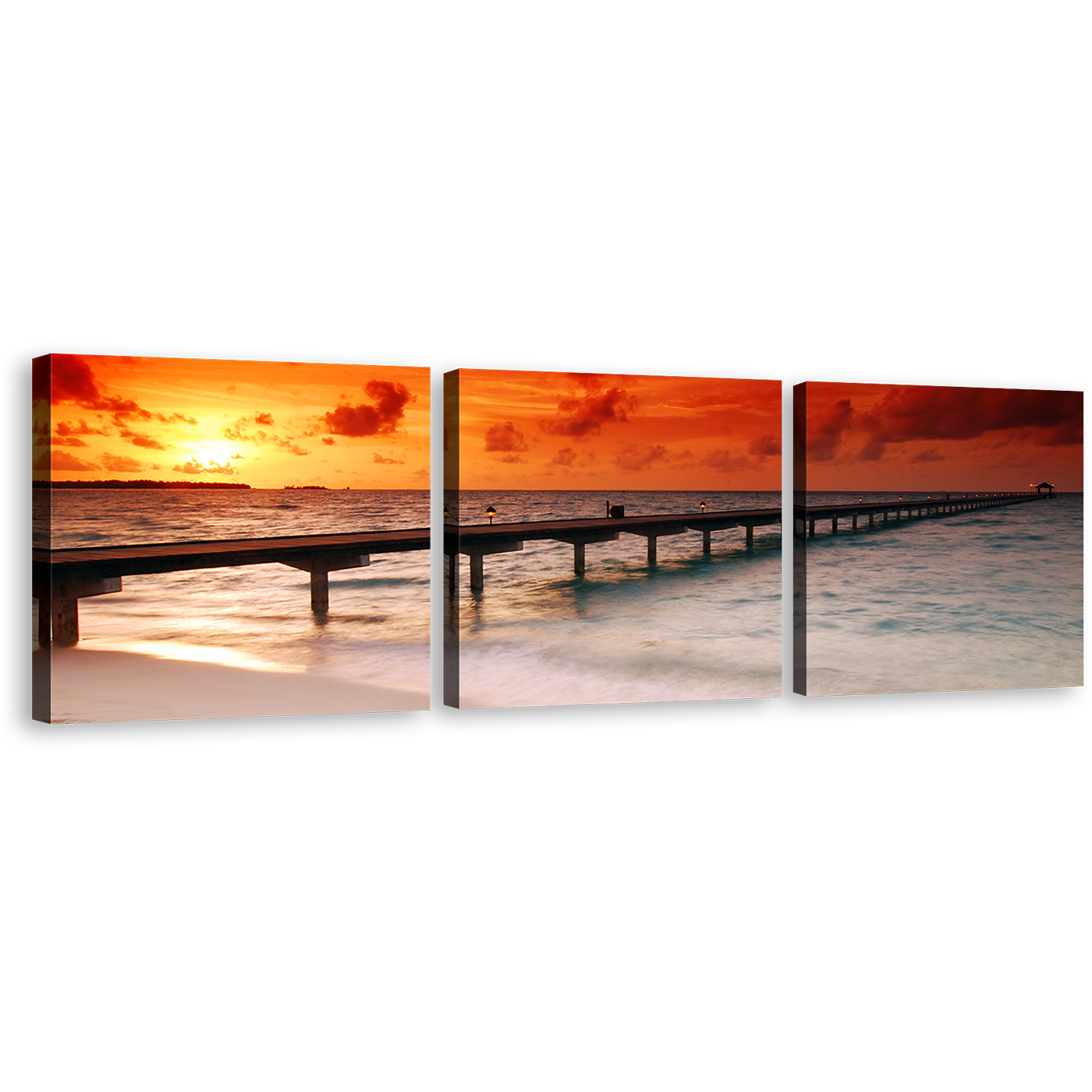 Ocean Sunset Canvas Wall Art, Twilight At The Ocean Pier Canvas Set, Red Yellow Ocean Sky Sunset Canvas 3 Piece Canvas Print