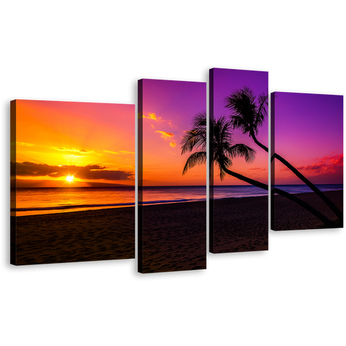 Ocean Sunset Canvas Wall Art, Yellow Sky Ocean Beach Canvas Print, Colorful Tropical Island Ocean Scenery 4 Piece Canvas