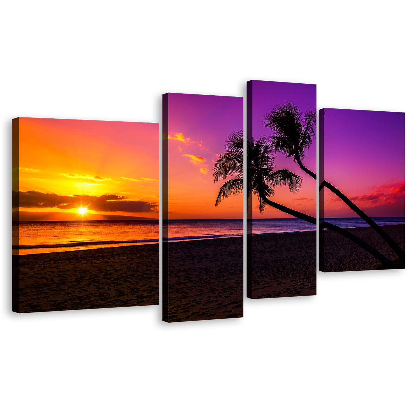 Ocean Sunset Canvas Wall Art, Yellow Sky Ocean Beach Canvas Print, Colorful Tropical Island Ocean Scenery 4 Piece Canvas