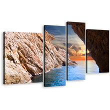 Load image into Gallery viewer, Ocean Sunset Wall Art, Yellow Cloudy Sunrise Cave 4 Piece Canvas Print, Brown Ocean Rocks Canvas Set
