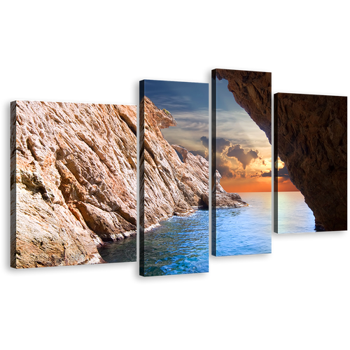 Ocean Sunset Wall Art, Yellow Cloudy Sunrise Cave 4 Piece Canvas Print, Brown Ocean Rocks Canvas Set