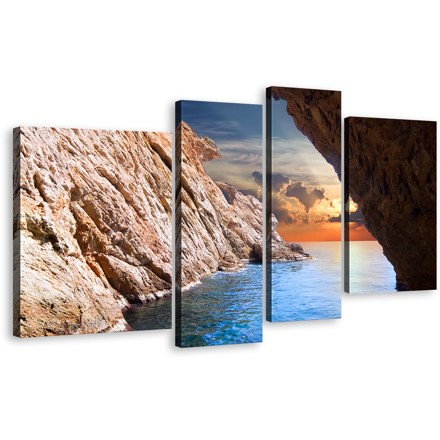 Ocean Sunset Wall Art, Yellow Cloudy Sunrise Cave 4 Piece Canvas Print, Brown Ocean Rocks Canvas Set