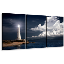 Load image into Gallery viewer, Ocean Twilight Canvas Wall Art, White Lighthouse Triptych Canvas Print, Night Beacon Ocean Grey Clouds 3 Piece Canvas Set
