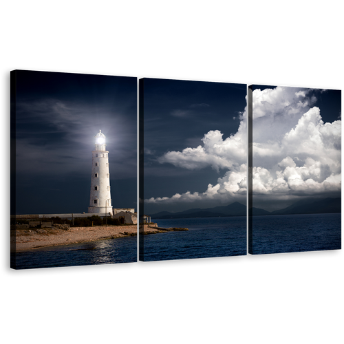 Ocean Twilight Canvas Wall Art, White Lighthouse Triptych Canvas Print, Night Beacon Ocean Grey Clouds 3 Piece Canvas Set