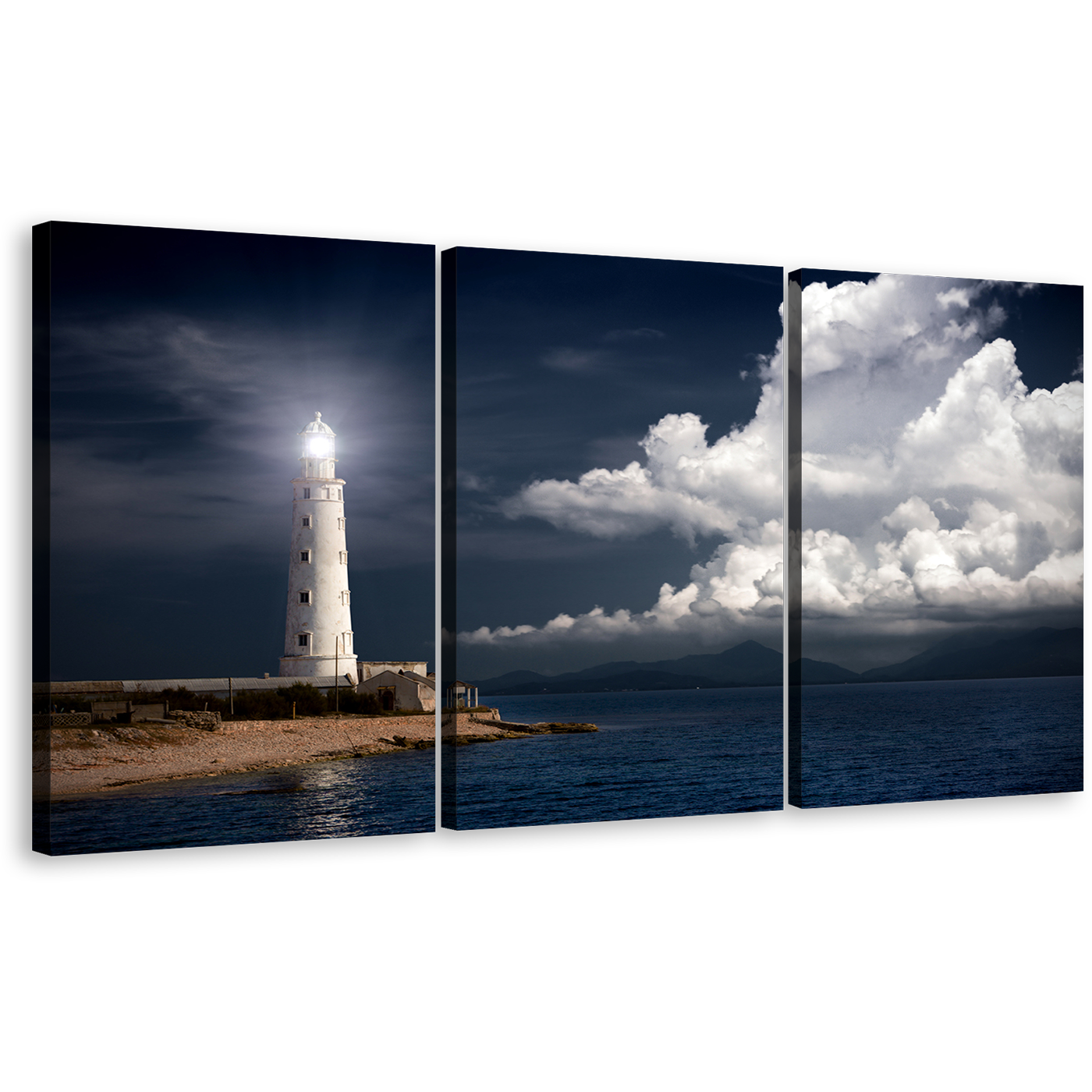 Ocean Twilight Canvas Wall Art, White Lighthouse Triptych Canvas Print, Night Beacon Ocean Grey Clouds 3 Piece Canvas Set