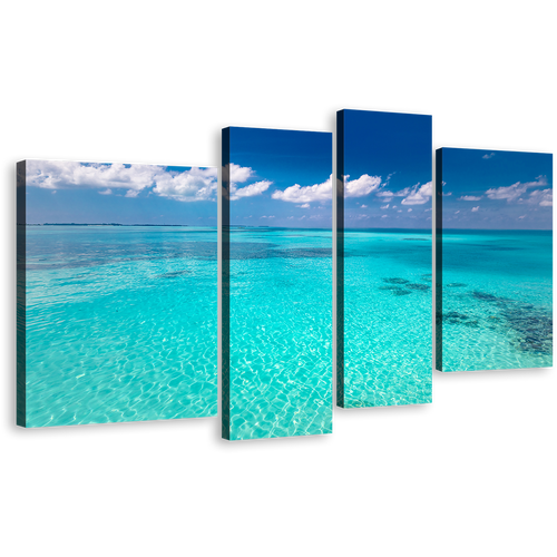 Ocean Water Canvas Print, Beautiful Blue Ocean Sky Multiple Canvas, White Clouds Ocean Seascape 4 Piece Canvas Wall Art