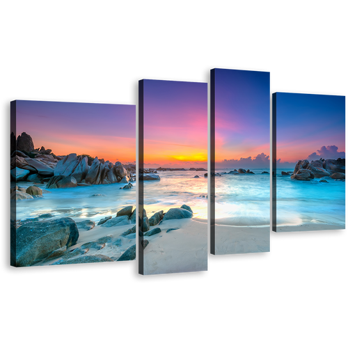 Ocean Water Canvas Wall Art, Blue Ocean Beach 4 Piece Canvas Set, Yellow Sky Ocean Rocks Canvas Print