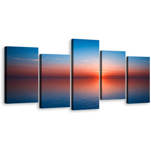 Ocean Water Canvas Wall Art, Red Sunset Ocean Sky Multiple Canvas, Blue Ocean Seascape 5 Piece Canvas Print