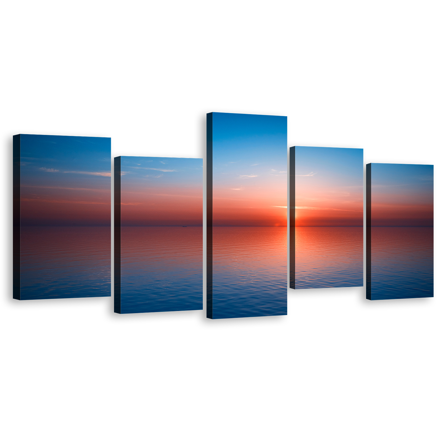 Ocean Water Canvas Wall Art, Red Sunset Ocean Sky Multiple Canvas, Blue Ocean Seascape 5 Piece Canvas Print