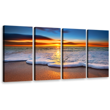 Load image into Gallery viewer, Ocean Wave Canvas Print, Blue Ocean Sand Beach 4 Piece Wall Art, Orange Sunset Twilight Ocean Beaches Multi Canvas
