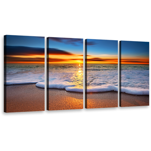 Ocean Wave Canvas Print, Blue Ocean Sand Beach 4 Piece Wall Art, Orange Sunset Twilight Ocean Beaches Multi Canvas