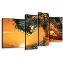 Load image into Gallery viewer, Ocean Wave Canvas Wall Art, Orange Beach Wave 4 Piece Canvas Set, Yellow Sunrise Wave Break Canvas Print
