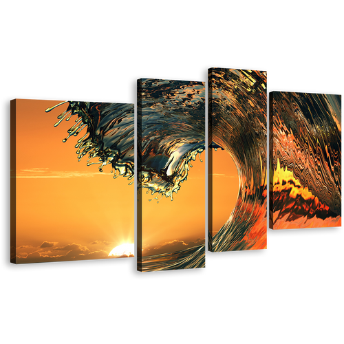 Ocean Wave Canvas Wall Art, Orange Beach Wave 4 Piece Canvas Set, Yellow Sunrise Wave Break Canvas Print