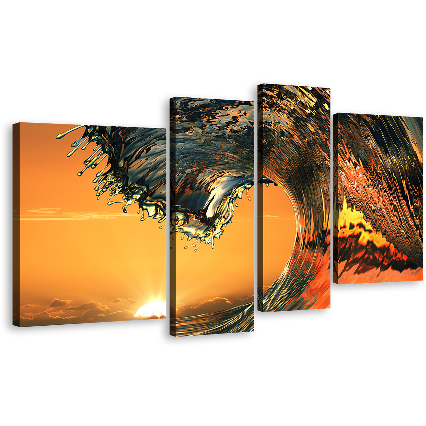 Ocean Wave Canvas Wall Art, Orange Beach Wave 4 Piece Canvas Set, Yellow Sunrise Wave Break Canvas Print