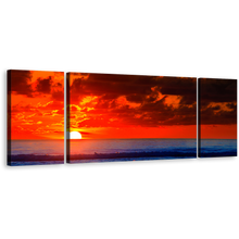 Load image into Gallery viewer, Ocean Waves Canvas Print, Beautiful Blue Ocean 3 Piece Canvas Wall Art, Red Sky Ocean Sunset Triptych Multi Canvas Artwork
