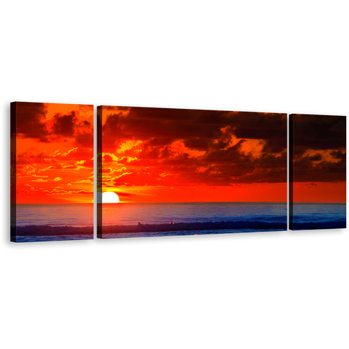 Ocean Waves Canvas Print, Beautiful Blue Ocean 3 Piece Canvas Wall Art, Red Sky Ocean Sunset Triptych Multi Canvas Artwork