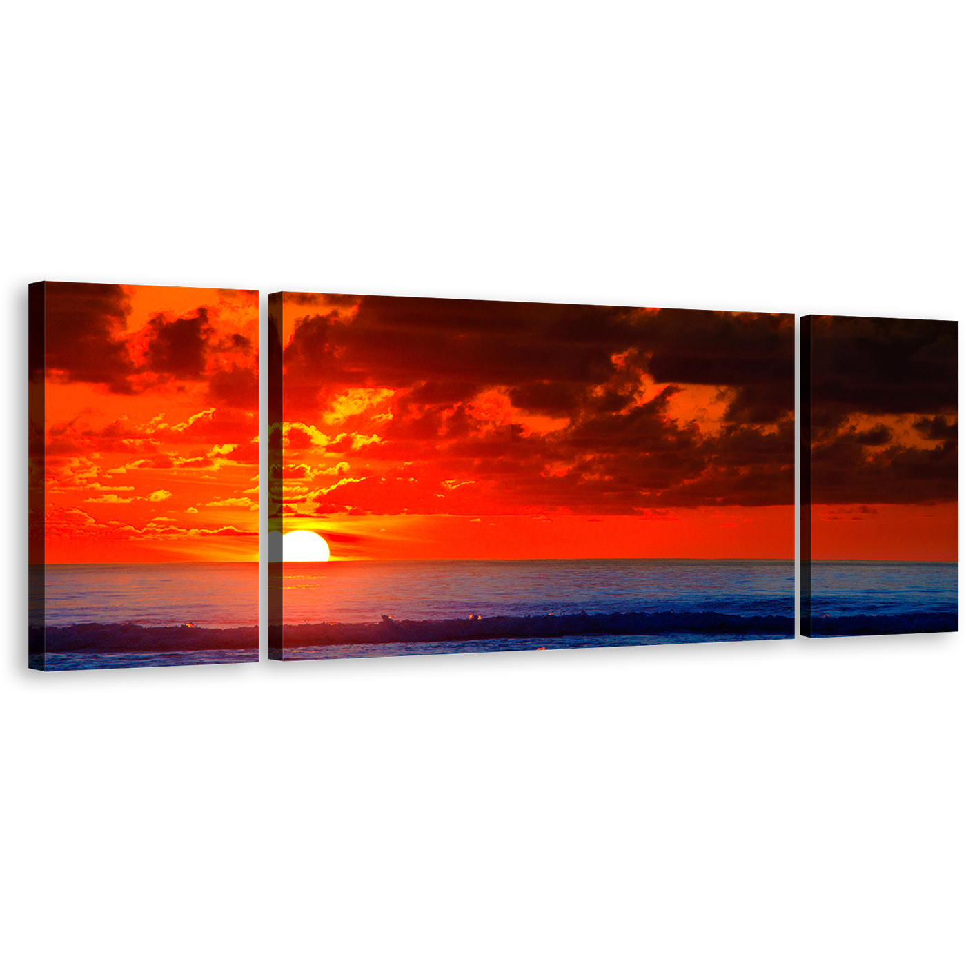 Ocean Waves Canvas Print, Beautiful Blue Ocean 3 Piece Canvas Wall Art, Red Sky Ocean Sunset Triptych Multi Canvas Artwork