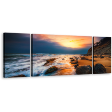 Load image into Gallery viewer, Ocean Waves Canvas Print, Brown Ocean Rocks 3 Piece Canvas Wall Art, Yellow Sunset at Sea Multi Canvas Artwork
