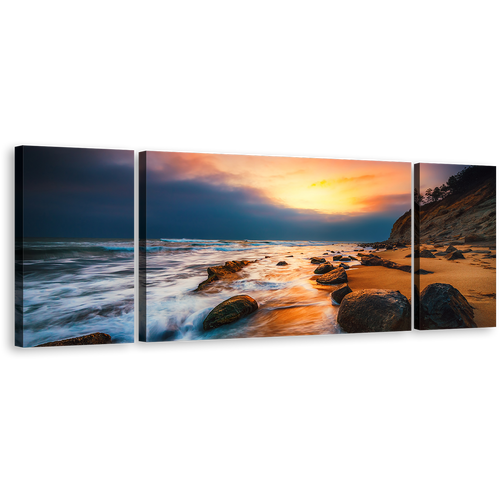 Ocean Waves Canvas Print, Brown Ocean Rocks 3 Piece Canvas Wall Art, Yellow Sunset at Sea Multi Canvas Artwork