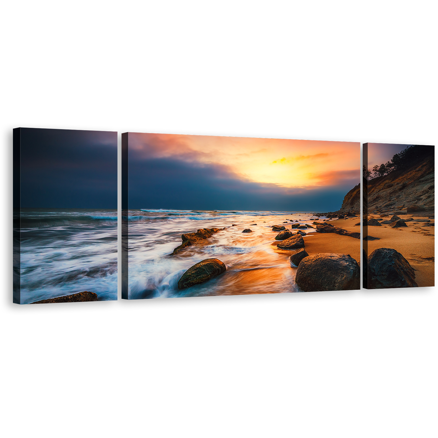 Ocean Waves Canvas Print, Brown Ocean Rocks 3 Piece Canvas Wall Art, Yellow Sunset at Sea Multi Canvas Artwork