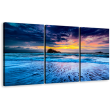 Load image into Gallery viewer, Ocean Waves Canvas Print, Cloudy Yellow Sky Ocean Multiple Canvas, Biarritz Blue Ocean 3 Piece Canvas Wall Art
