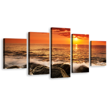 Load image into Gallery viewer, Ocean Waves Canvas Print, Orange Seascape Ocean Rocks 5 Piece Canvas Wall Art, Yellow Sunset at Sea Multi Canvas Artwork
