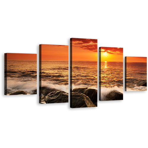 Ocean Waves Canvas Print, Orange Seascape Ocean Rocks 5 Piece Canvas Wall Art, Yellow Sunset at Sea Multi Canvas Artwork