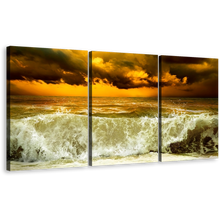 Load image into Gallery viewer, Ocean Waves Canvas Print, Yellow Cloudy Sky Seascape Storm Wall Art, Sea Green Waves 3 Piece Canvas Multiple Canvas
