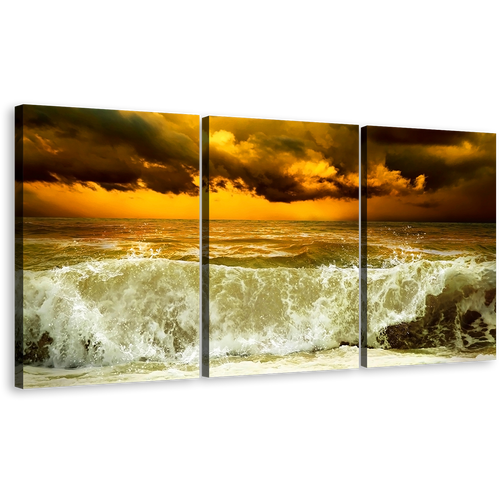 Ocean Waves Canvas Print, Yellow Cloudy Sky Seascape Storm Wall Art, Sea Green Waves 3 Piece Canvas Multiple Canvas