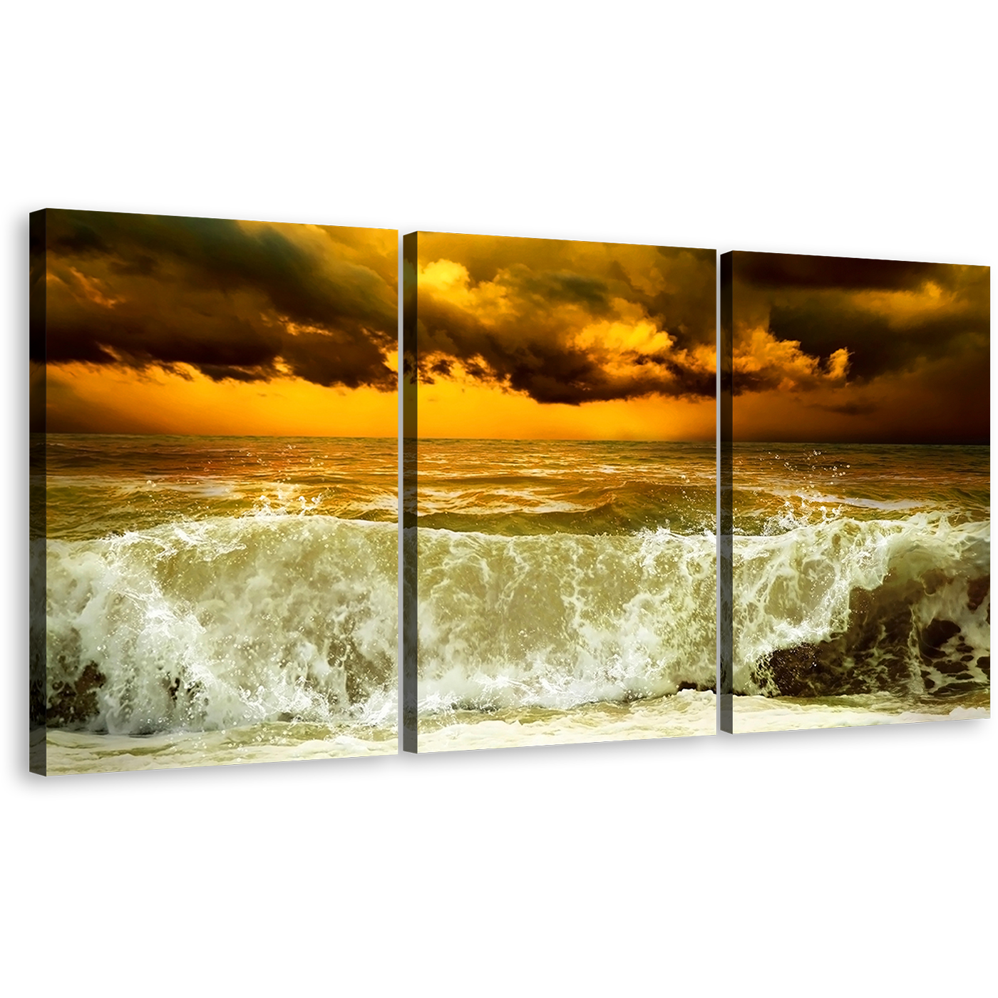 Ocean Waves Canvas Print, Yellow Cloudy Sky Seascape Storm Wall Art, Sea Green Waves 3 Piece Canvas Multiple Canvas