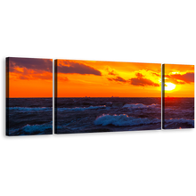 Load image into Gallery viewer, Ocean Waves Canvas Wall Art, Beautiful Blue Sea 3 Piece Canvas Print, Red Clouds Ocean Sky Multi Canvas Artwork
