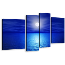 Load image into Gallery viewer, Ocean Waves Canvas Wall Art, Blue Night Ocean Sky 4 Piece Canvas Print, White Calm Full Moon Multi Canvas Artwork
