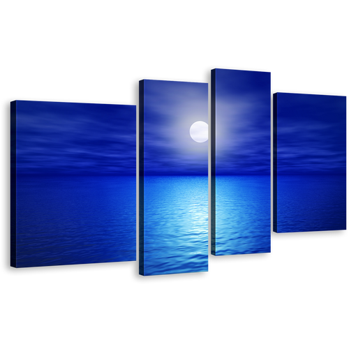 Ocean Waves Canvas Wall Art, Blue Night Ocean Sky 4 Piece Canvas Print, White Calm Full Moon Multi Canvas Artwork