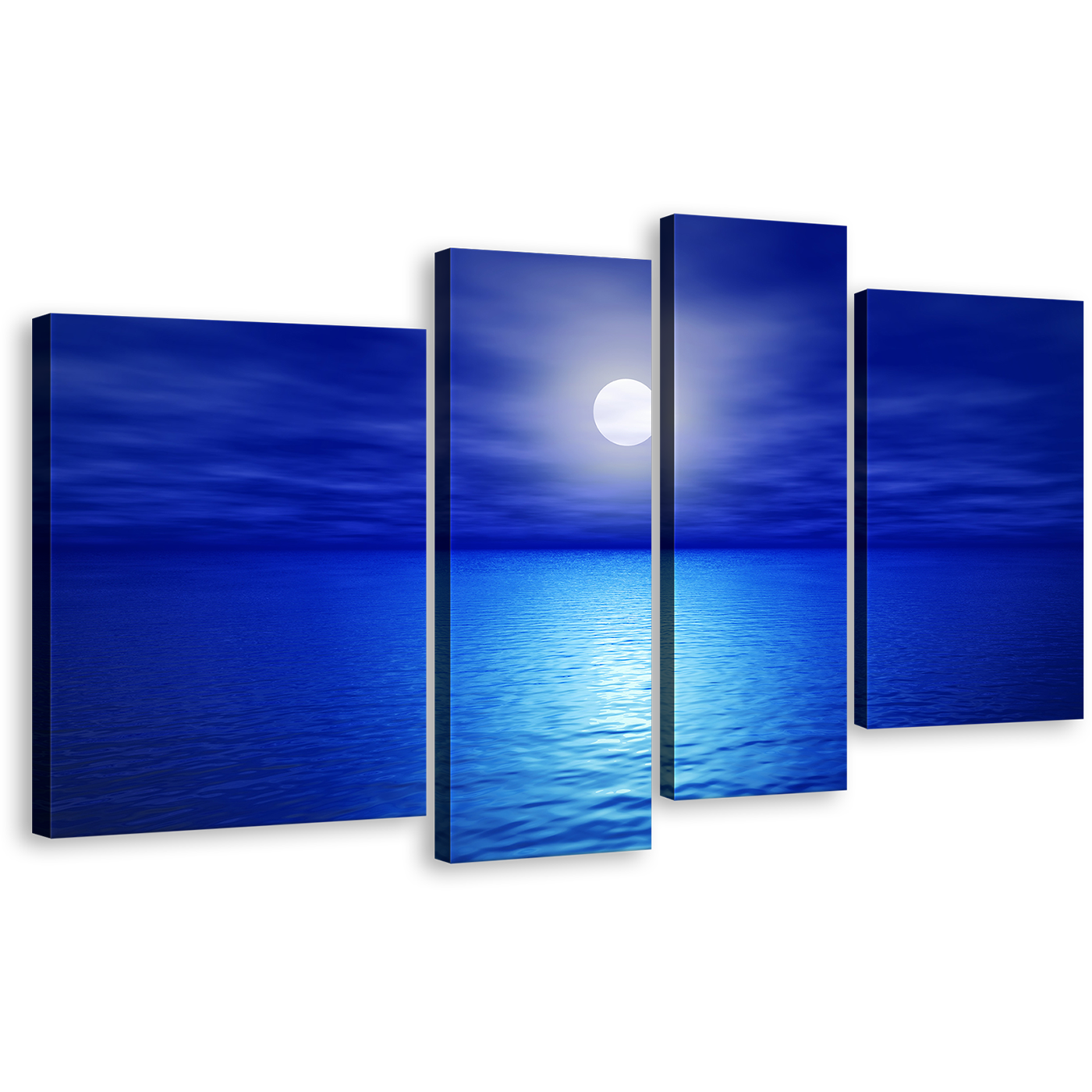 Ocean Waves Canvas Wall Art, Blue Night Ocean Sky 4 Piece Canvas Print, White Calm Full Moon Multi Canvas Artwork