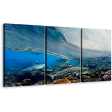 Load image into Gallery viewer, Ocean Waves Canvas Wall Art, Blue Ocean Fishes Canvas Print, Underwater Grey Sharks Fish 3 Piece Multi Canvas
