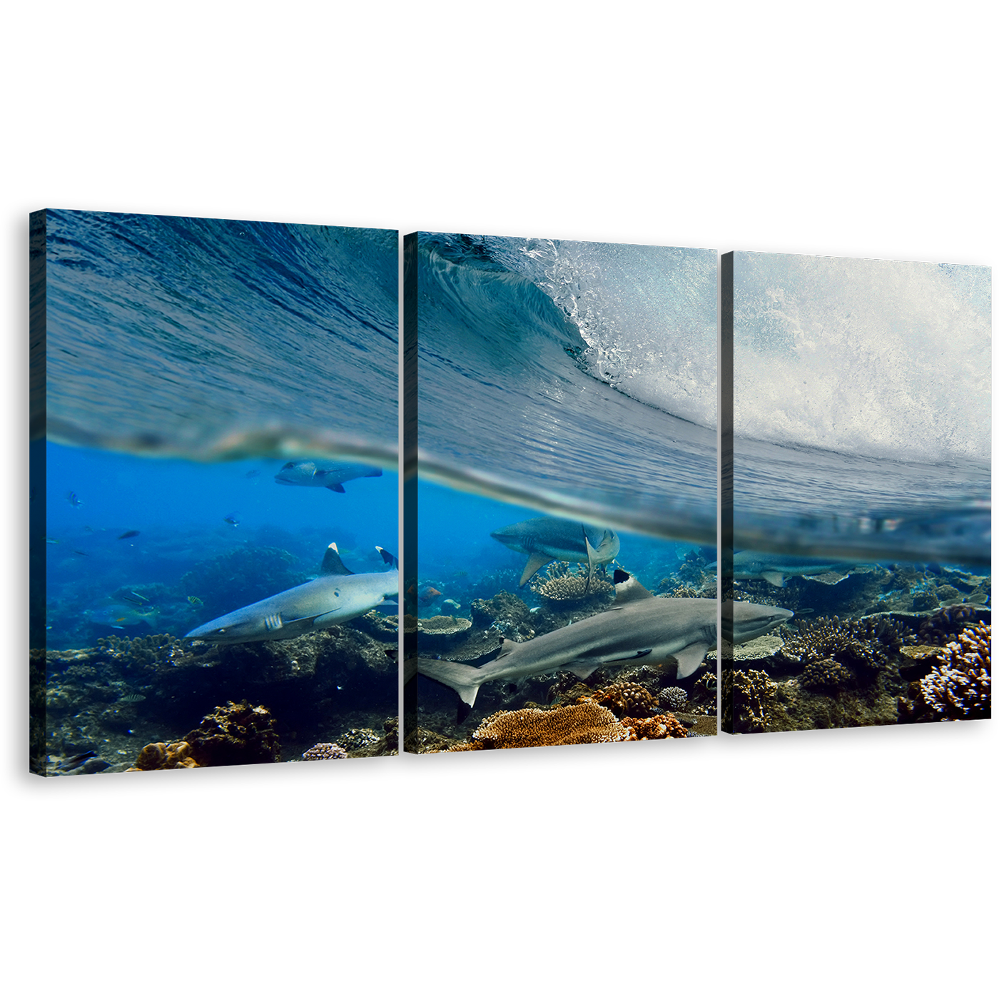 Ocean Waves Canvas Wall Art, Blue Ocean Fishes Canvas Print, Underwater Grey Sharks Fish 3 Piece Multi Canvas