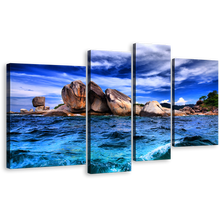 Load image into Gallery viewer, Ocean Waves Canvas Wall Art, Blue Tempest Seascape Sky Multiple Canvas, Brown Ocean Rocks 4 Piece Canvas Print
