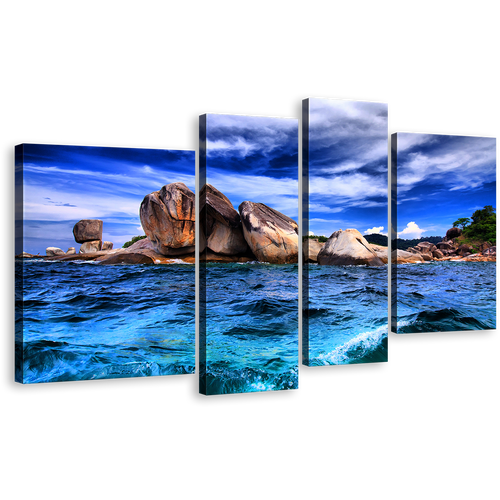 Ocean Waves Canvas Wall Art, Blue Tempest Seascape Sky Multiple Canvas, Brown Ocean Rocks 4 Piece Canvas Print