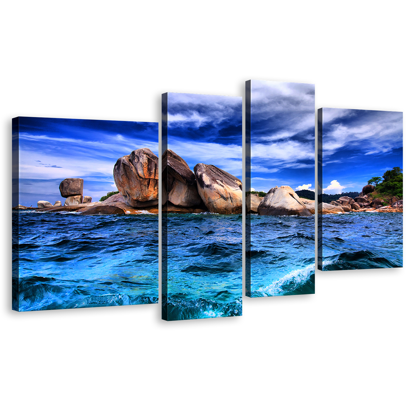 Ocean Waves Canvas Wall Art, Blue Tempest Seascape Sky Multiple Canvas, Brown Ocean Rocks 4 Piece Canvas Print