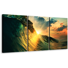 Load image into Gallery viewer, Ocean Waves Canvas Wall Art, Green Wave Falling 3 Piece Multiple Canvas, Wave at Yellow Sunset Triptych Canvas Set
