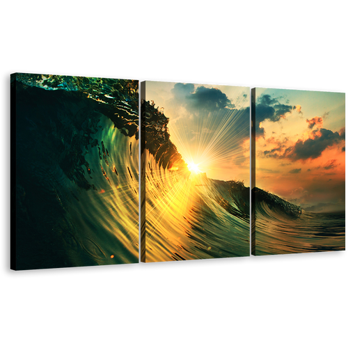 Ocean Waves Canvas Wall Art, Green Wave Falling 3 Piece Multiple Canvas, Wave at Yellow Sunset Triptych Canvas Set