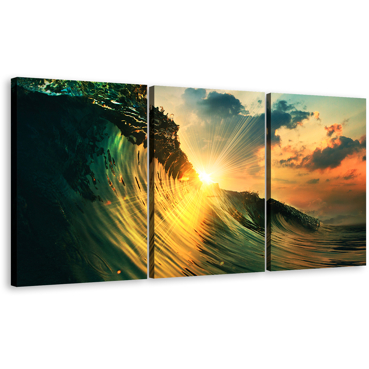 Ocean Waves Canvas Wall Art, Green Wave Falling 3 Piece Multiple Canvas, Wave at Yellow Sunset Triptych Canvas Set