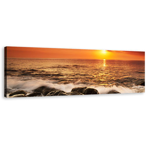 Ocean Waves Canvas Wall Art, Orange Seascape Ocean Rocks 1 Piece Canvas Print, Yellow Sunset at Sea Canvas Artwork