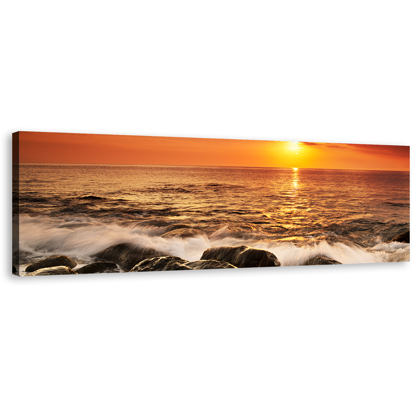 Ocean Waves Canvas Wall Art, Orange Seascape Ocean Rocks 1 Piece Canvas Print, Yellow Sunset at Sea Canvas Artwork