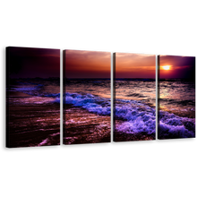 Load image into Gallery viewer, Ocean Waves Canvas Wall Art, Orange Sunset Ocean Sky 4 Piece Canvas, Blue Sea Waves Multi Canvas Artwork
