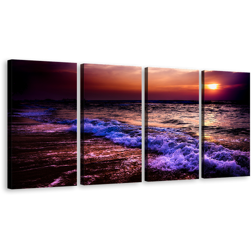 Ocean Waves Canvas Wall Art, Orange Sunset Ocean Sky 4 Piece Canvas, Blue Sea Waves Multi Canvas Artwork