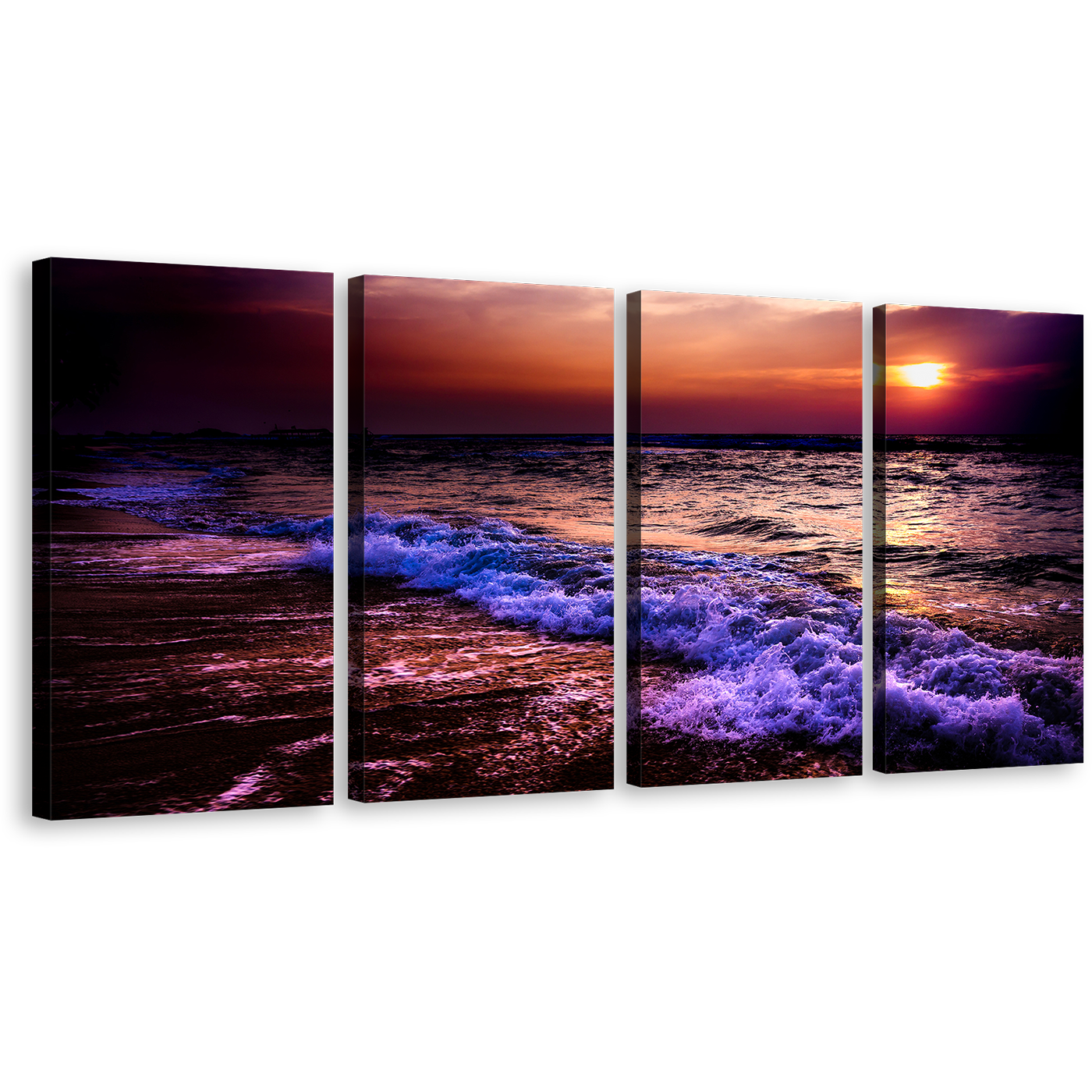 Ocean Waves Canvas Wall Art, Orange Sunset Ocean Sky 4 Piece Canvas, Blue Sea Waves Multi Canvas Artwork