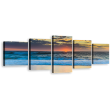 Load image into Gallery viewer, Ocean Waves Canvas Wall Art, Yellow Cloudy Sky Beach Sea 5 Piece Canvas Print, Central Coast Blue Ocean Multi Canvas Artwork
