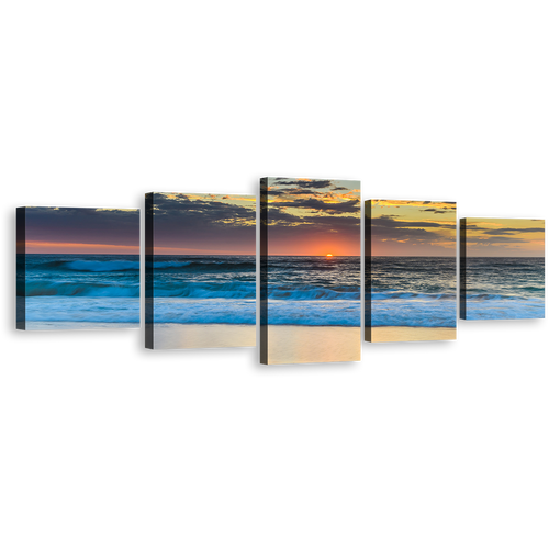 Ocean Waves Canvas Wall Art, Yellow Cloudy Sky Beach Sea 5 Piece Canvas Print, Central Coast Blue Ocean Multi Canvas Artwork