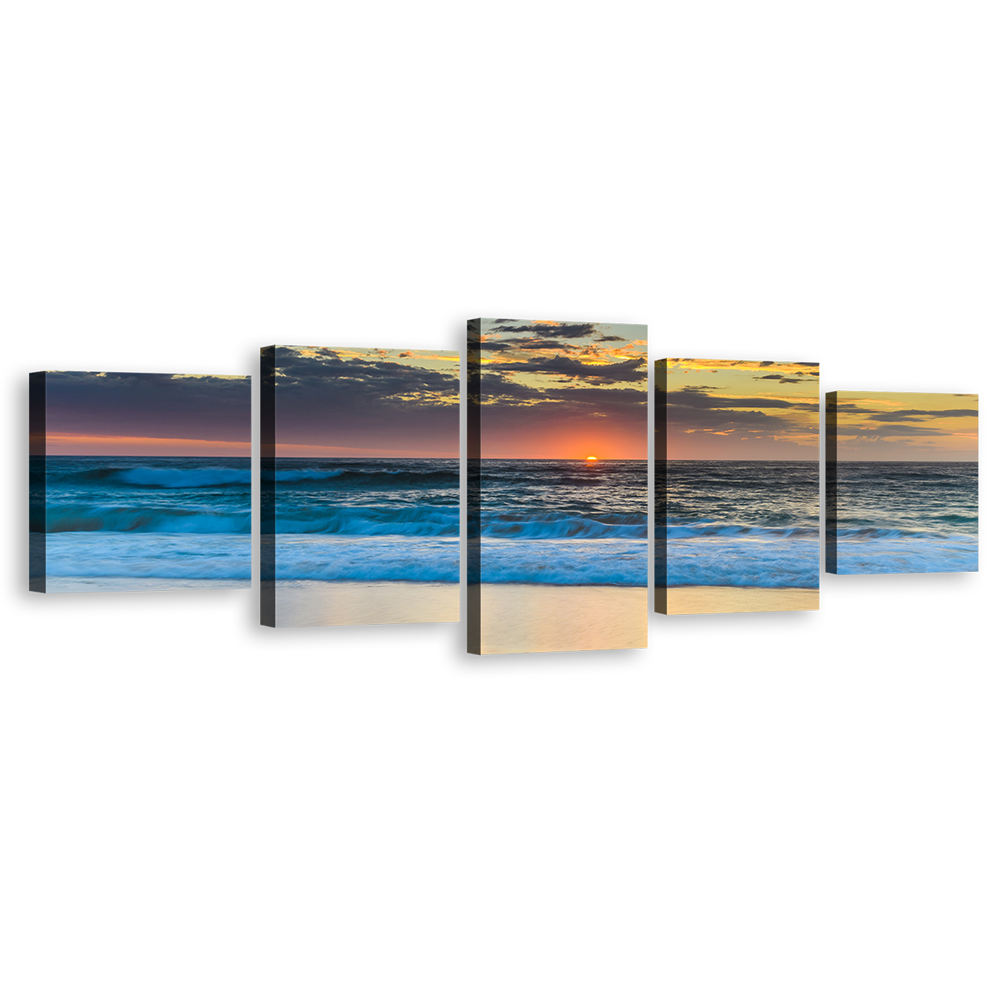 Ocean Waves Canvas Wall Art, Yellow Cloudy Sky Beach Sea 5 Piece Canvas Print, Central Coast Blue Ocean Multi Canvas Artwork